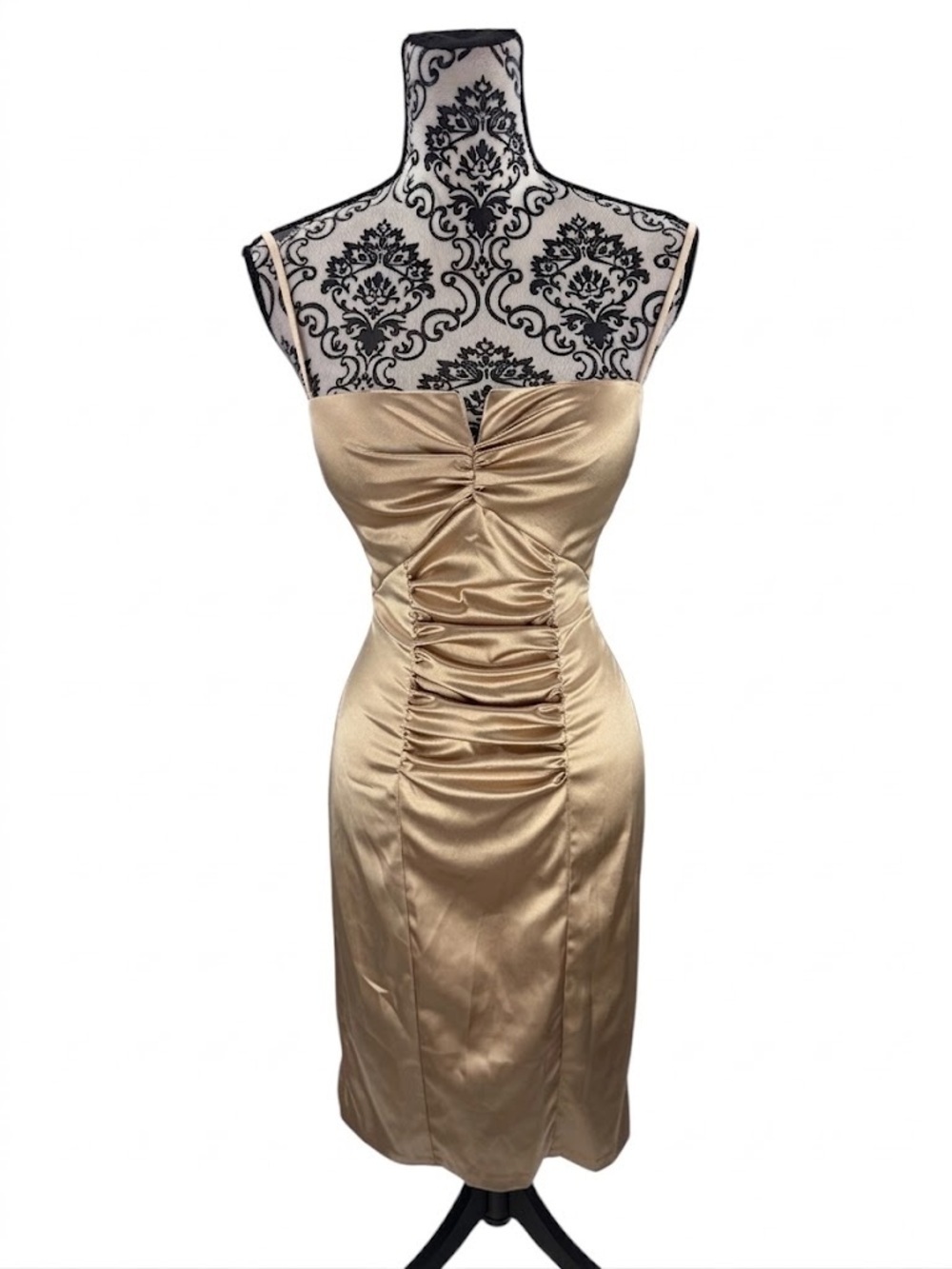 Betsy & Adam Gold Satin Ruched Midi Dress Bodycon Slip Cocktail Formal Y2K Glam